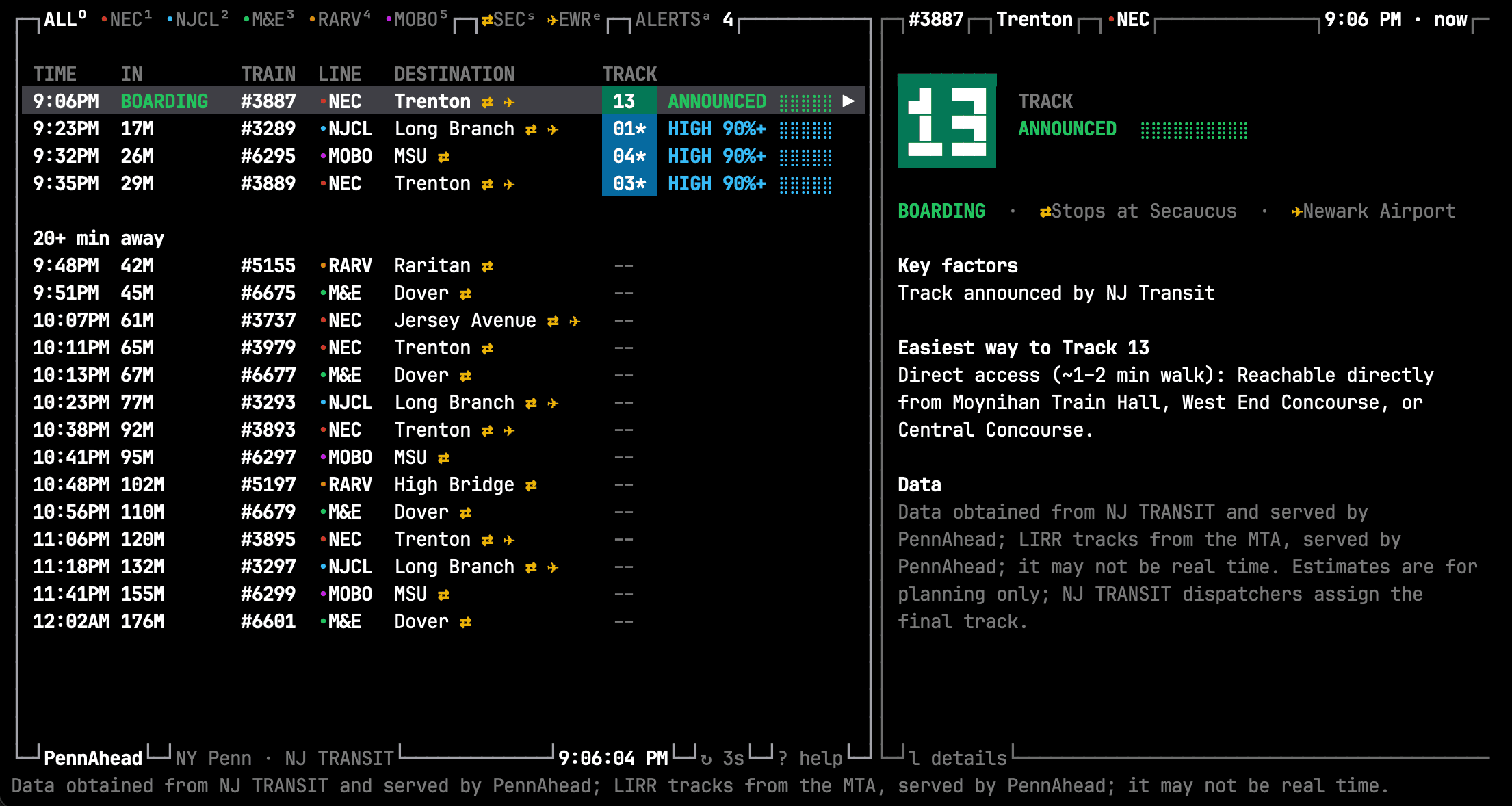 penn in a terminal: departures on the left, the selected train's big track number and details on the right